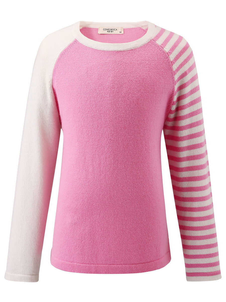 COMOBOCA Pink 100% Wool Kid's Color Block Striped Sleeve Knit Sweater