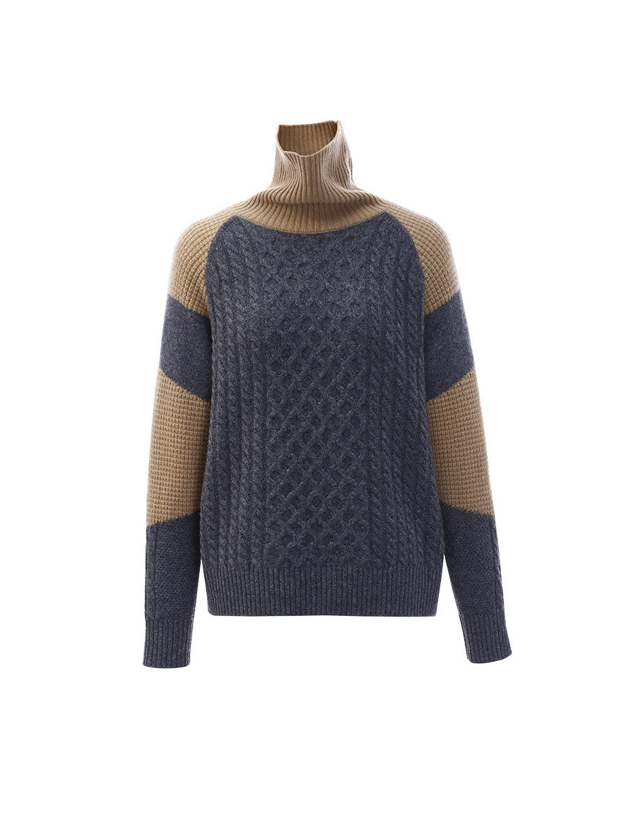COMOBOCA 100% Cashmere Women's Cable Knit Color Block Sweater