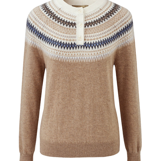 COMOBOCA 100% Cashmere Women's Fair Isle Henley Neck Sweater