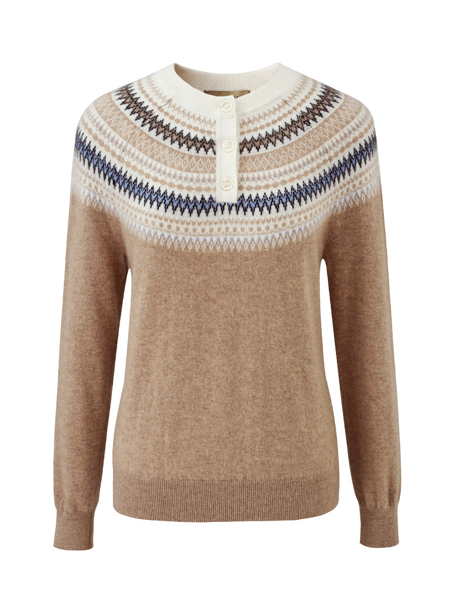 COMOBOCA 100% Cashmere Women's Fair Isle Henley Neck Sweater