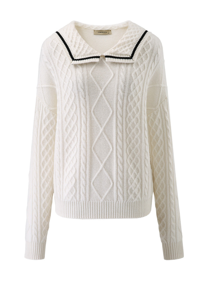 COMOBOCA 100% Cashmere Women's Sailor Collar Cable Knit Sweater