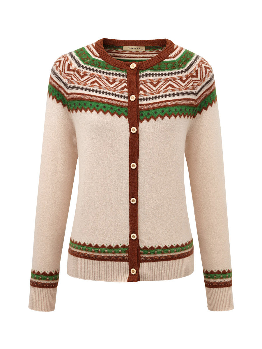 COMOBOCA 100% Cashmere Women's Vintage Inspired Geometric Knit Cardigan