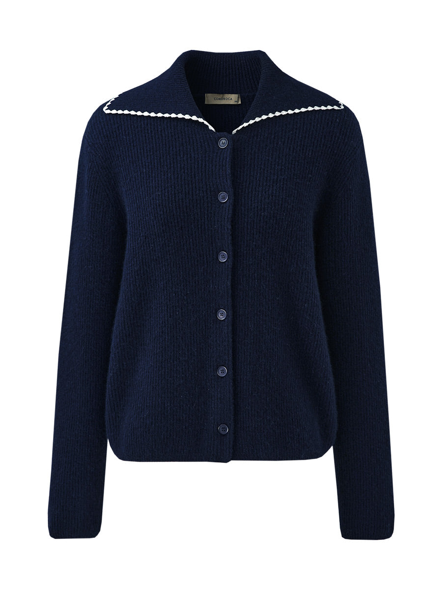 COMOBOCA 100% Cashmere Women's Contrast Trimmed Collared Knit Cardigan