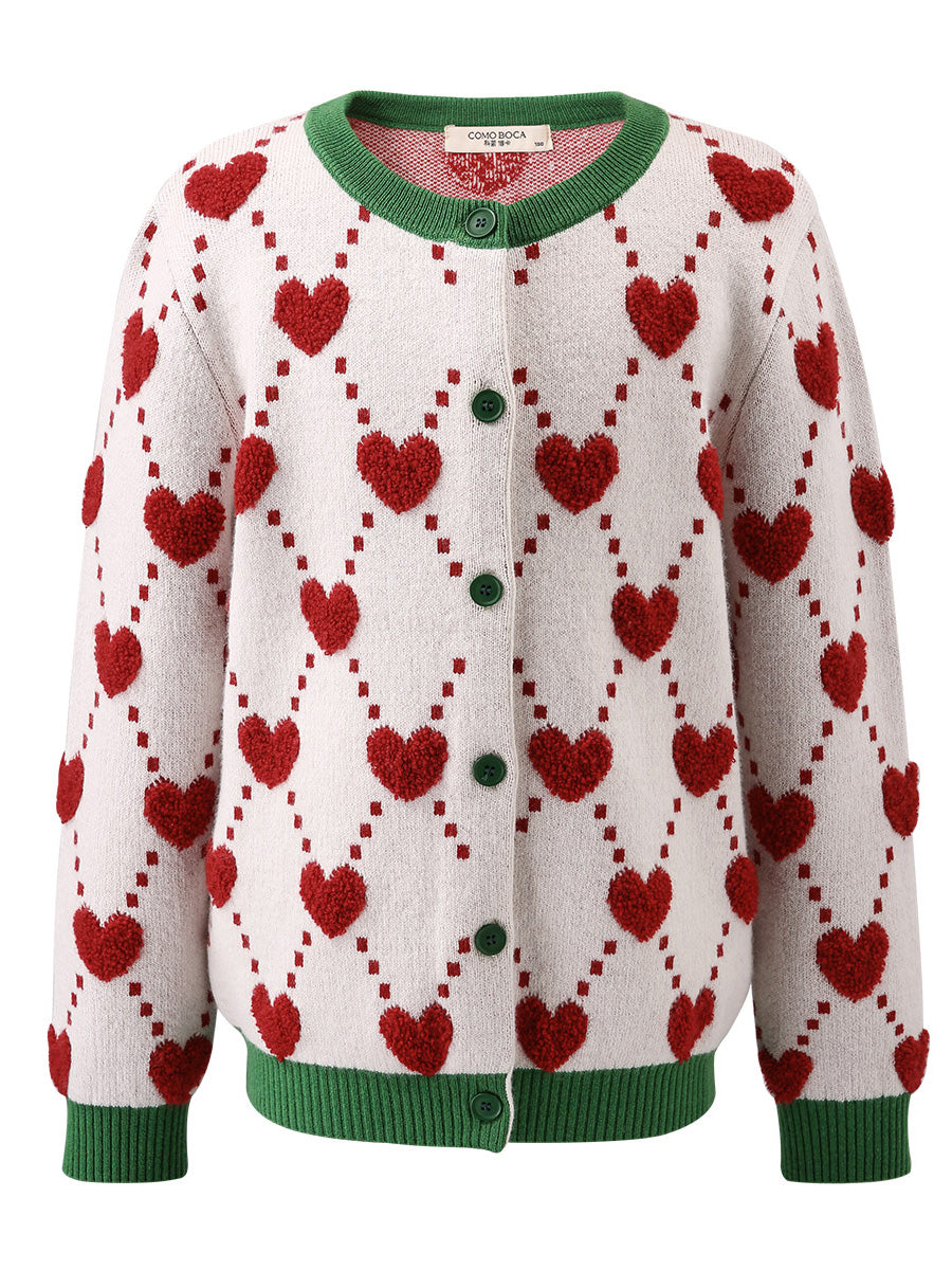 COMOBOCA 100% Wool Kids' Heart Pattern Knit Cardigan
