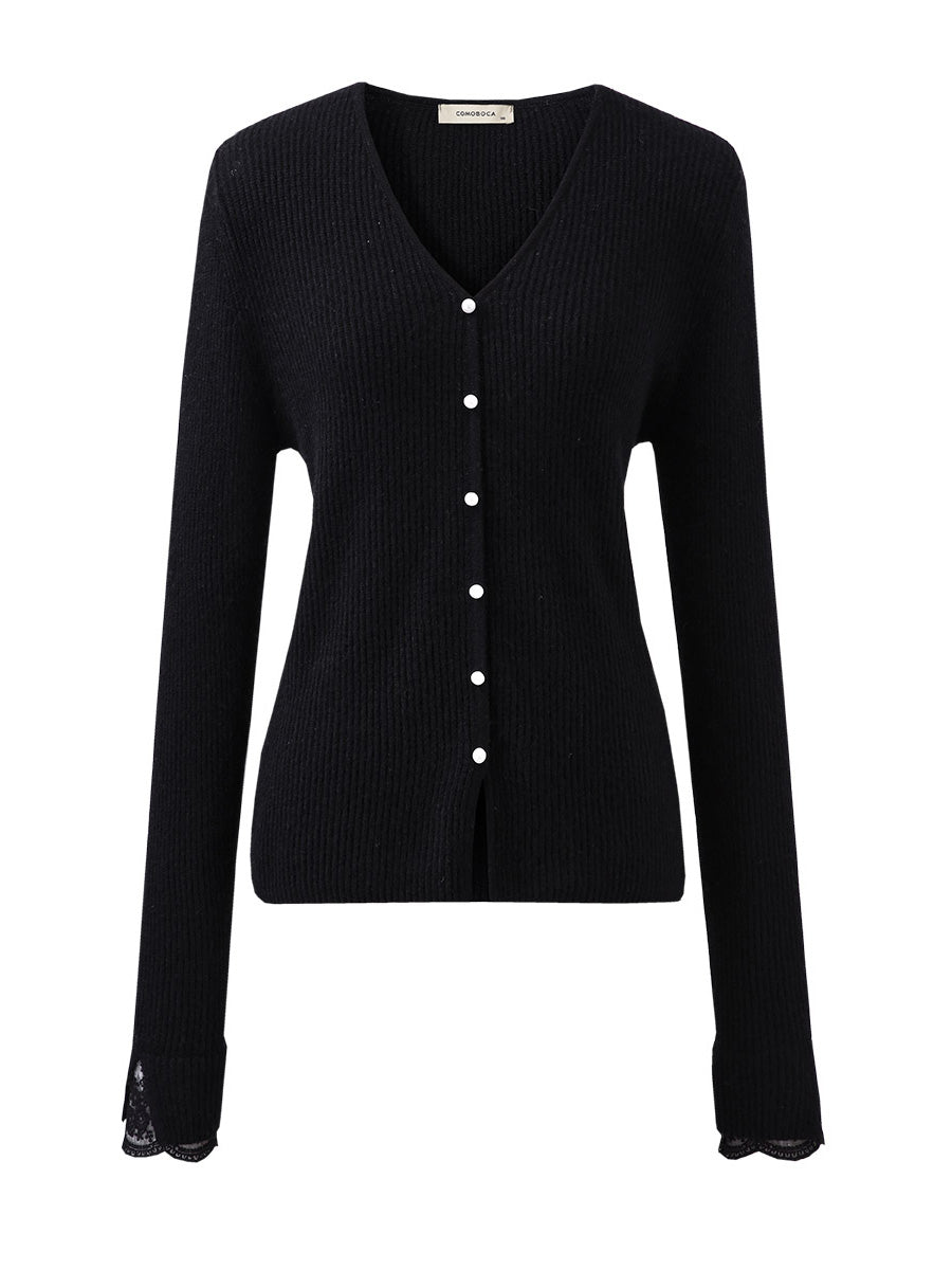 COMOBOCA 100% Cashmere Women's Faux Button Sweater with Lace Cuff
