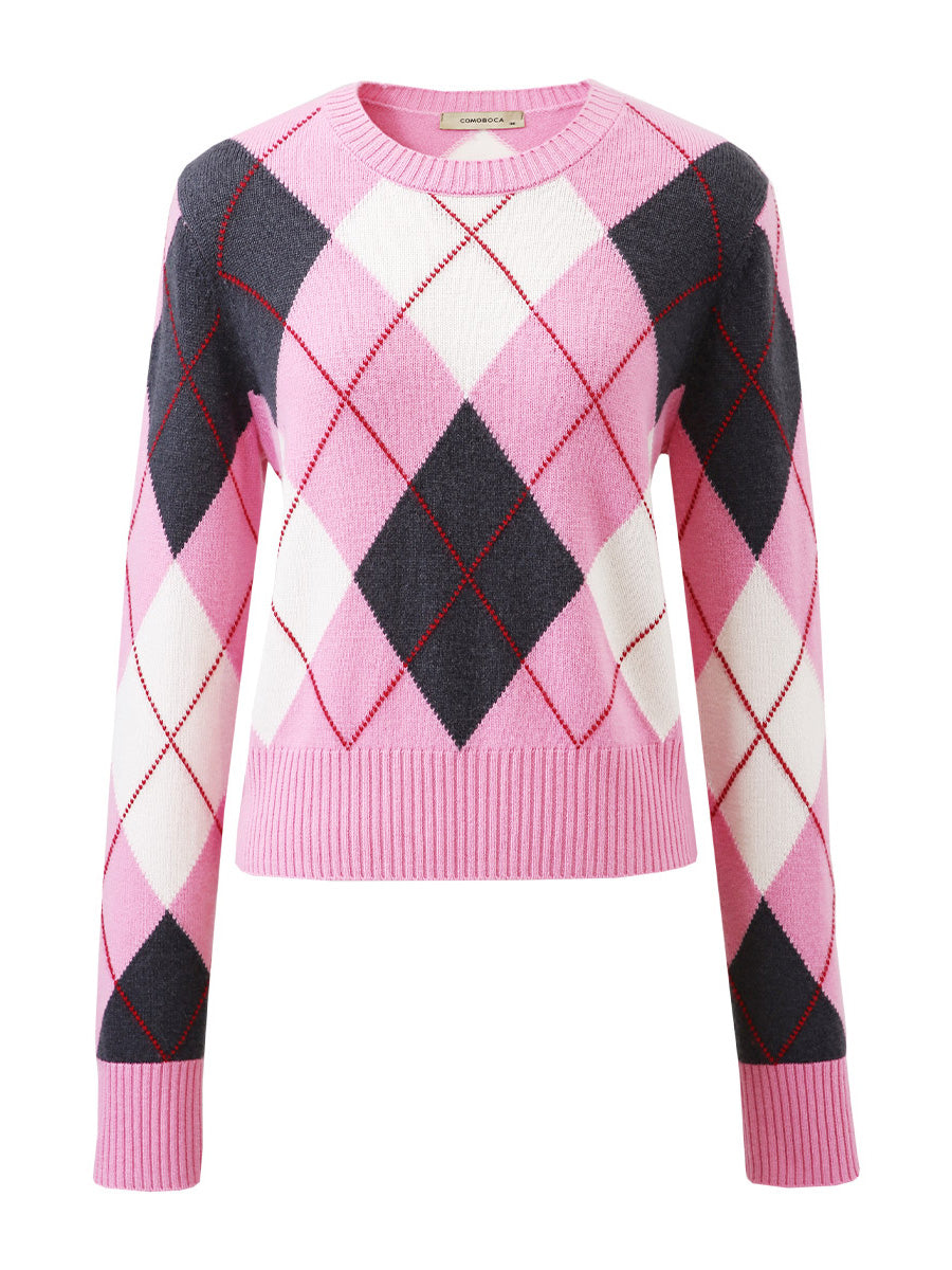 COMOBOCA 100% Wool Women's Argyle Pattern Knit Sweater