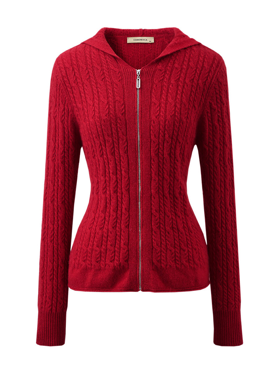COMOBOCA 100% Cashmere Women's Cardigan Cable Knit Hoodie