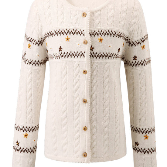 COMOBOCA White 100% Wool Kid's Floral Embroidered Cable Knit Cardigan