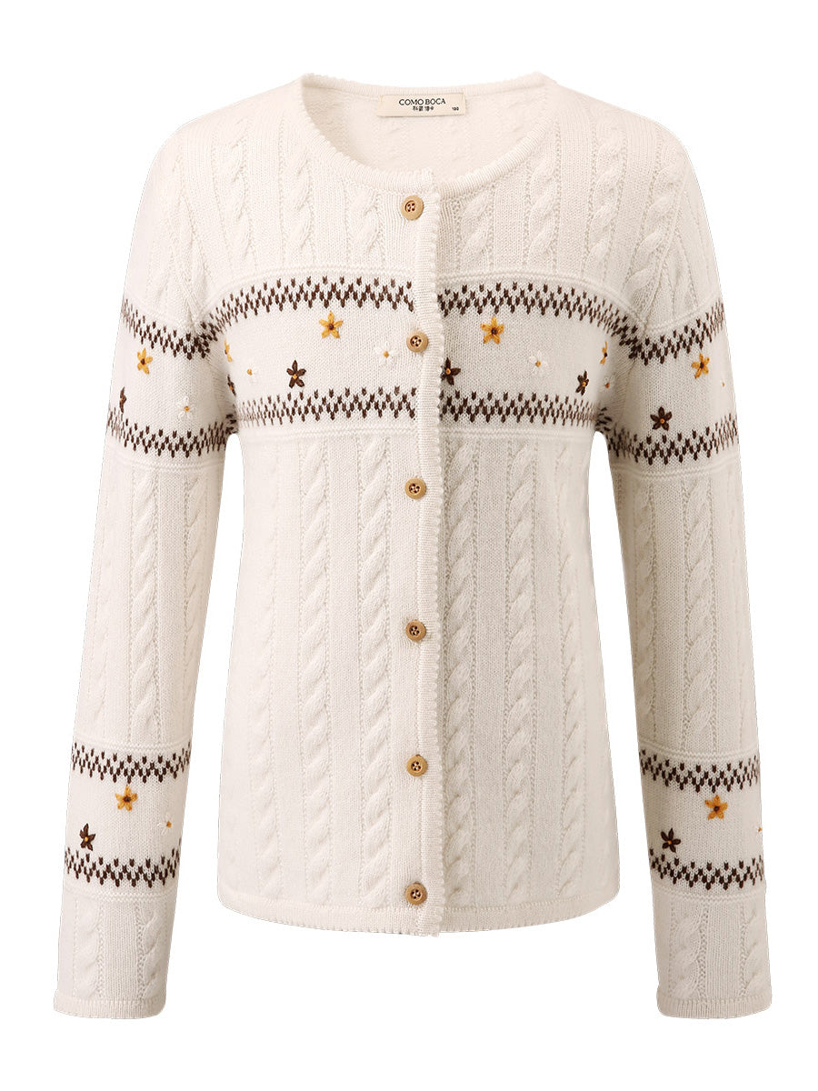 COMOBOCA White 100% Wool Kid's Floral Embroidered Cable Knit Cardigan
