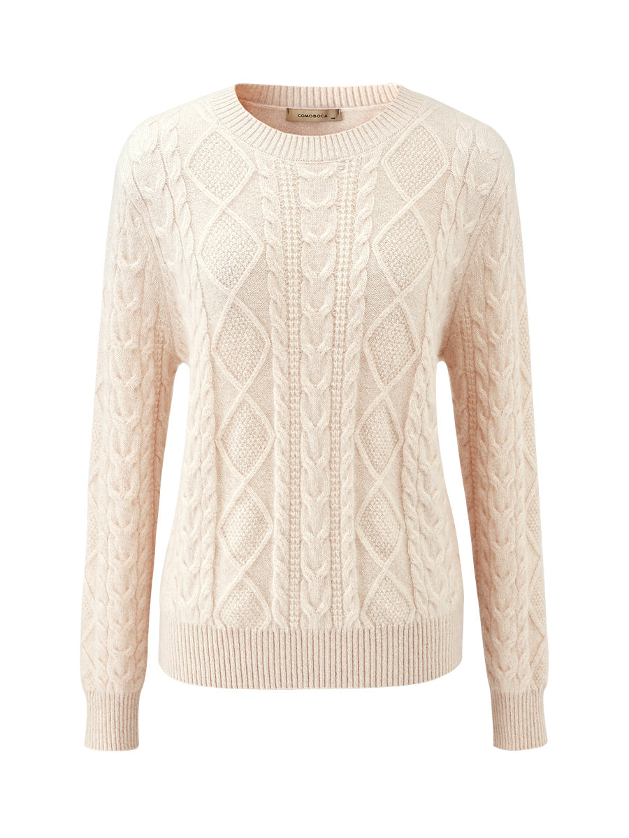 COMOBOCA 100% Cashmere Women's Cable Round Neck Knit Sweater