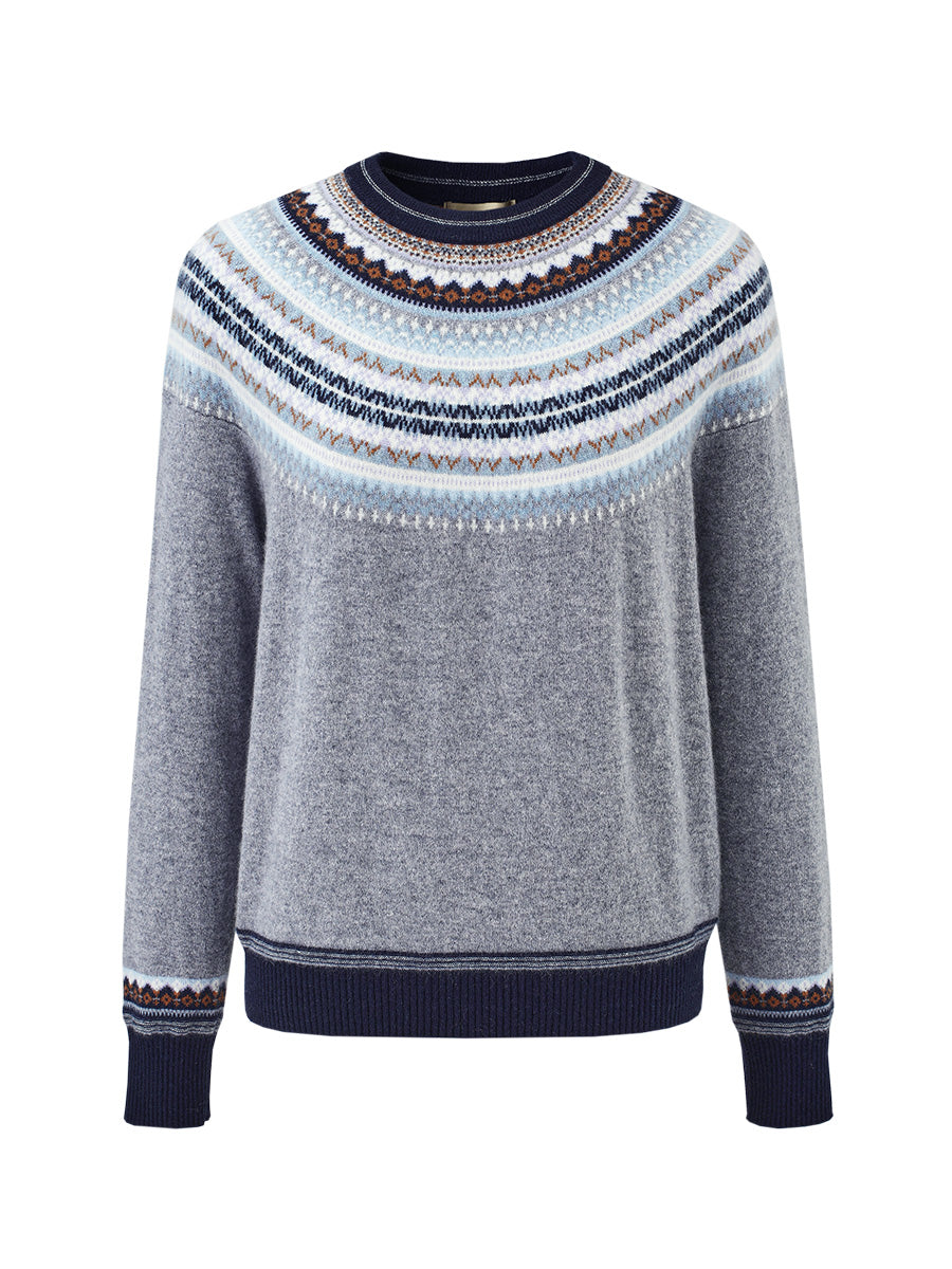 COMOBOCA 100% Cashmere Women's Fair Isle Round Neck Sweater