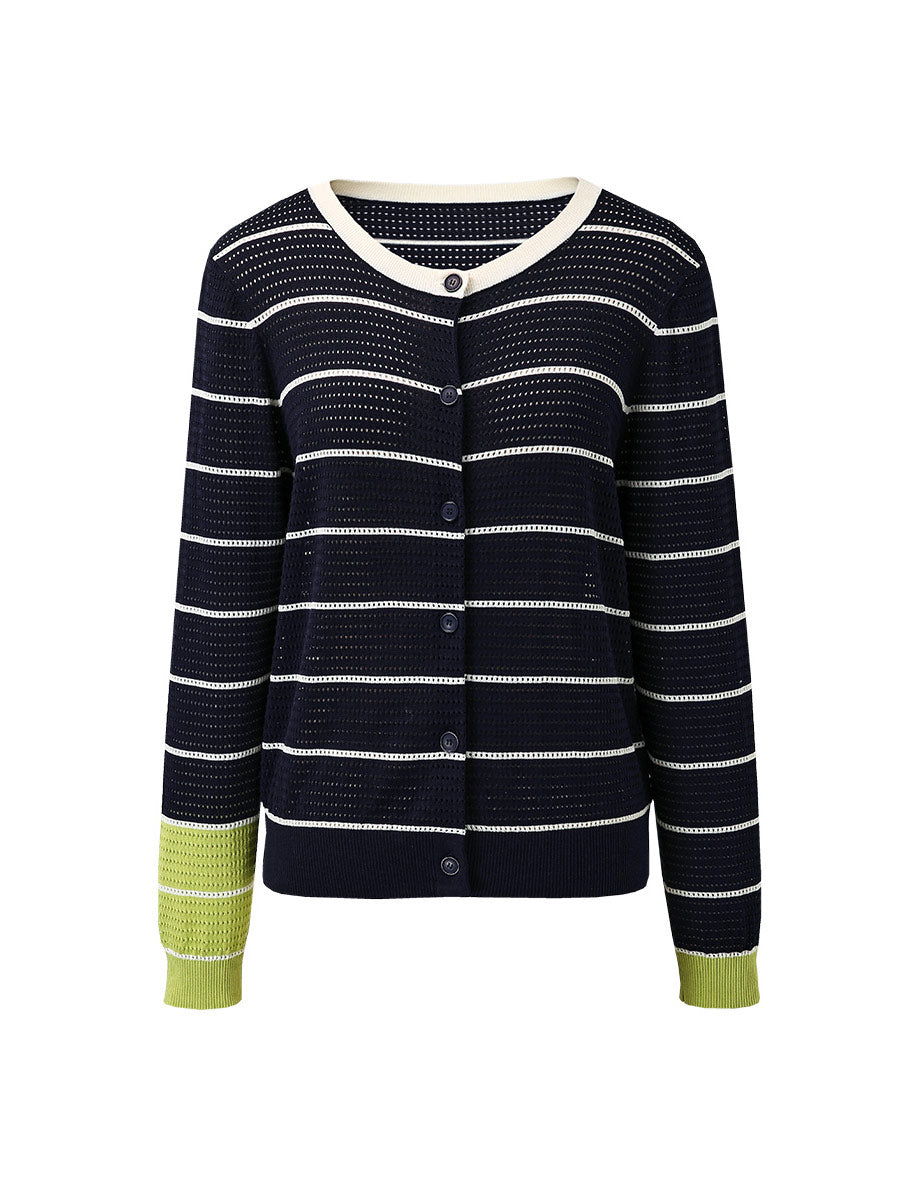 COMOBOCA Women's Striped Ribbed Button Down Cardigan
