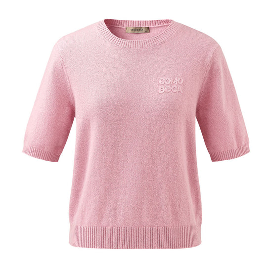 COMOBOCA 100% Cashmere Women's Embroidered Logo Short Sleeve Sweater