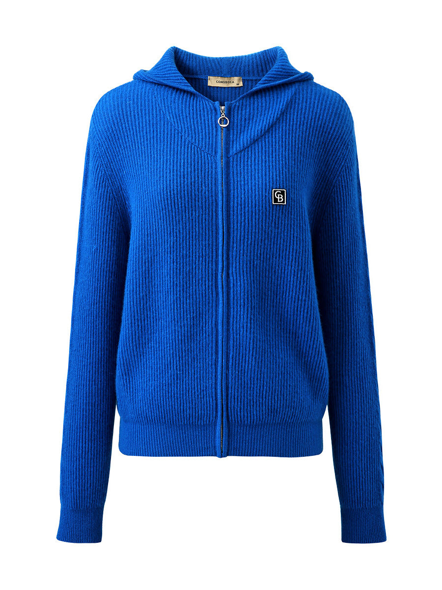 COMOBOCA 100% Cashmere Women's Ribbed Zip Knit Cardigan Hoodie