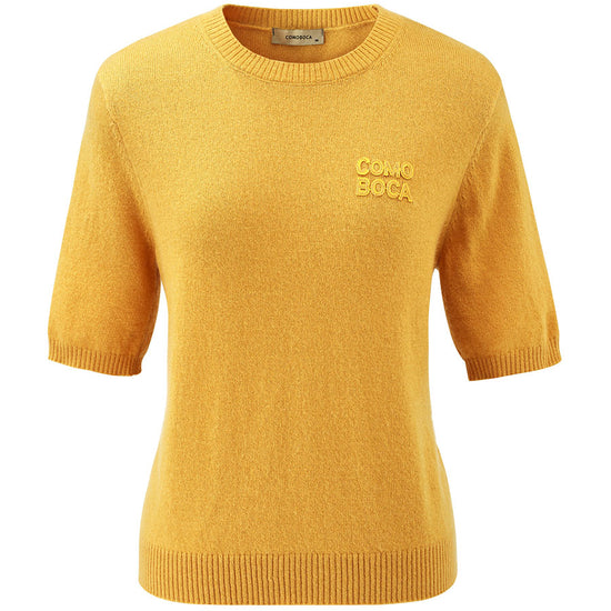 COMOBOCA 100% Cashmere Women's Embroidered Logo Short Sleeve Sweater