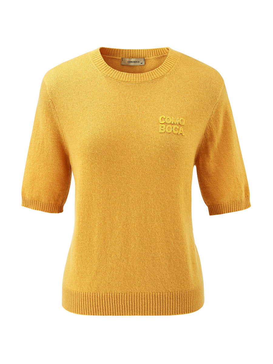 COMOBOCA 100% Cashmere Women's Embroidered Logo Short Sleeve Sweater