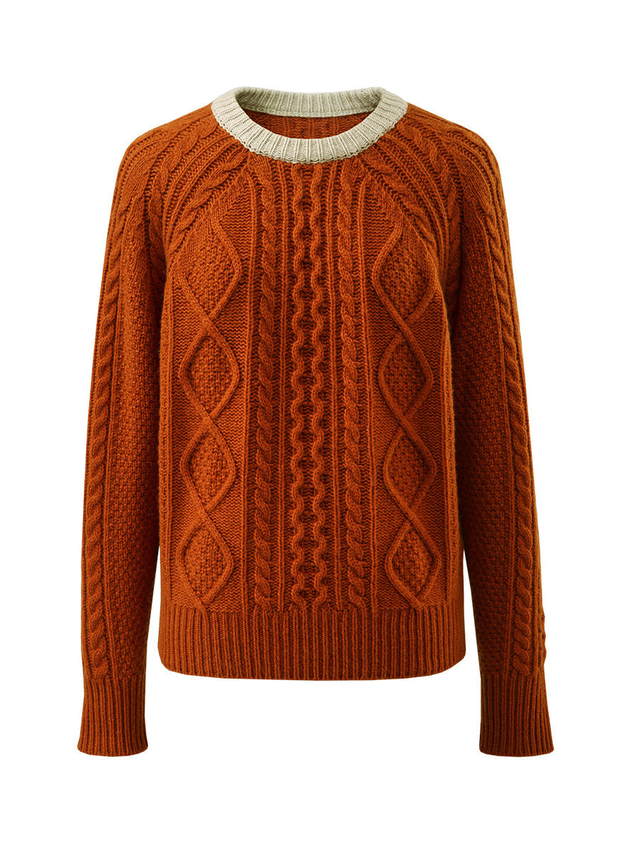 COMOBOCA 100% Wool Women's Contrast Color Cable Knit Sweater