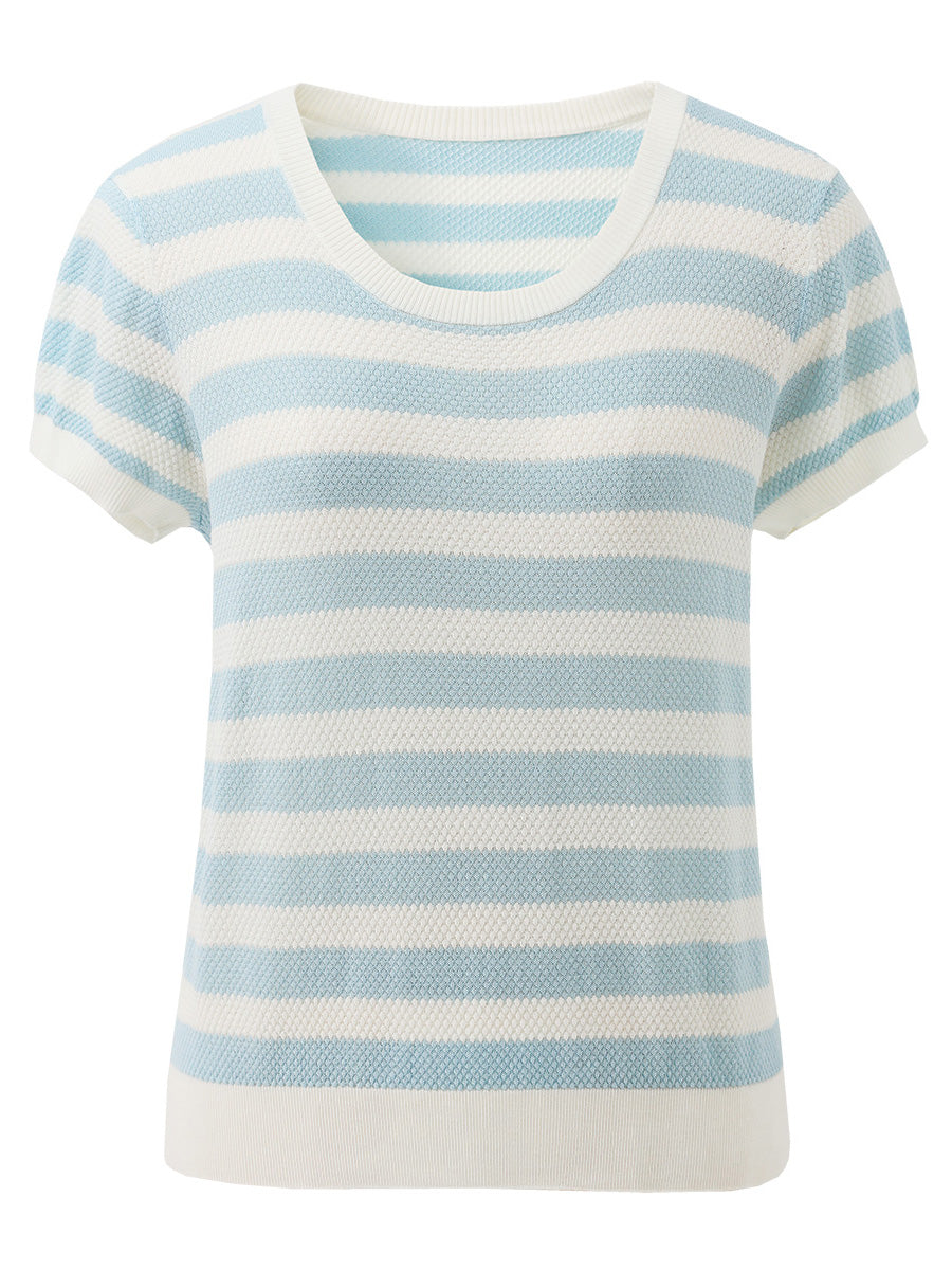 COMOBOCA Women's Striped Ribbed Knit T-Shirt