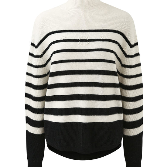 COMOBOCA 100% Cashmere Women's Striped Mock Neck Knit Sweater