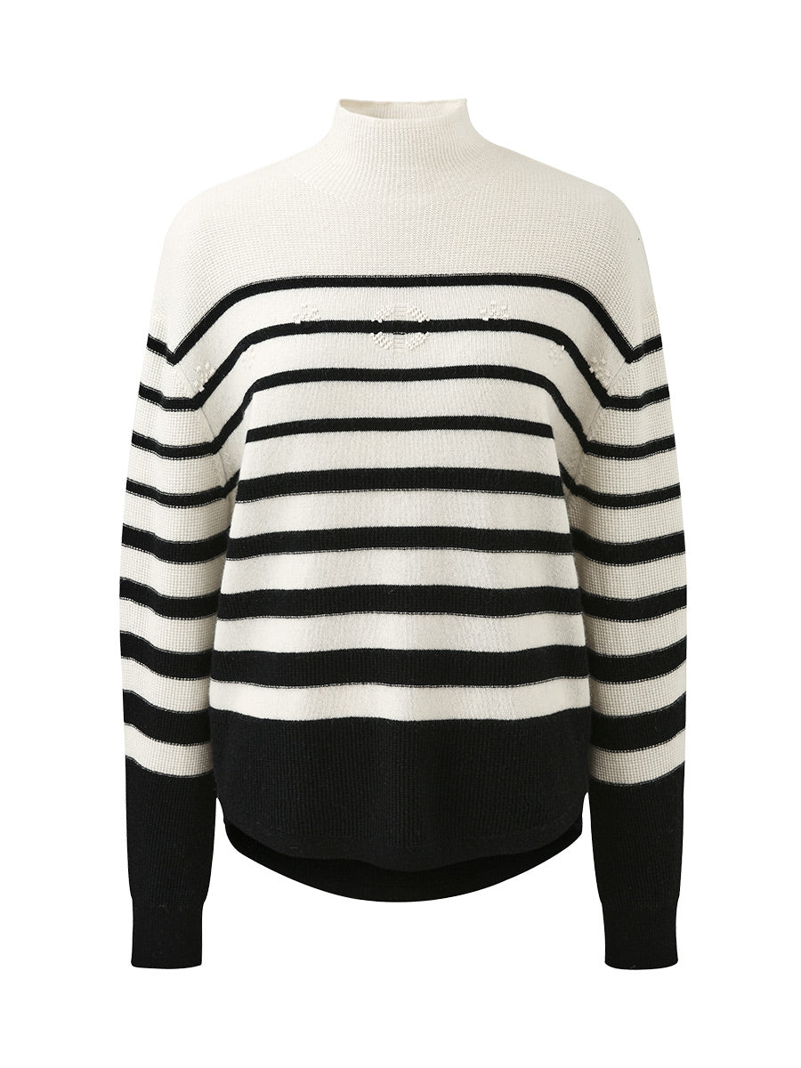 COMOBOCA 100% Cashmere Women's Striped Mock Neck Knit Sweater
