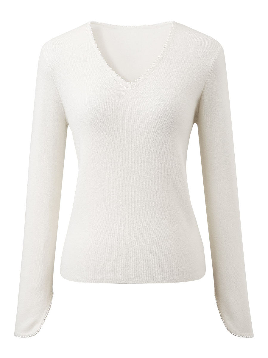 COMOBOCA 100% Wool Women's V-Neck With Pearl Accents Sweater