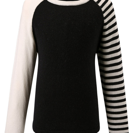 COMOBOCA Black 100% Wool Kid's Color Block Striped Sleeve Knit Sweater