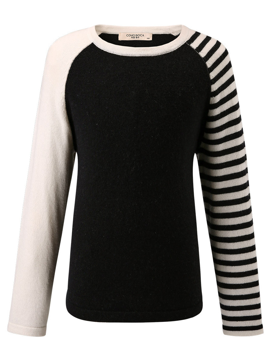 COMOBOCA Black 100% Wool Kid's Color Block Striped Sleeve Knit Sweater