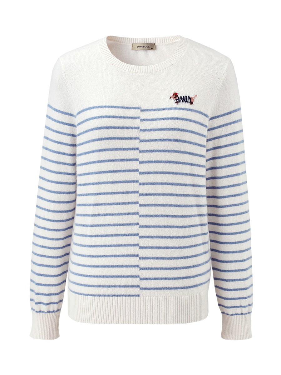 COMOBOCA 100% Cashmere Women's Striped Round Neck Sweater