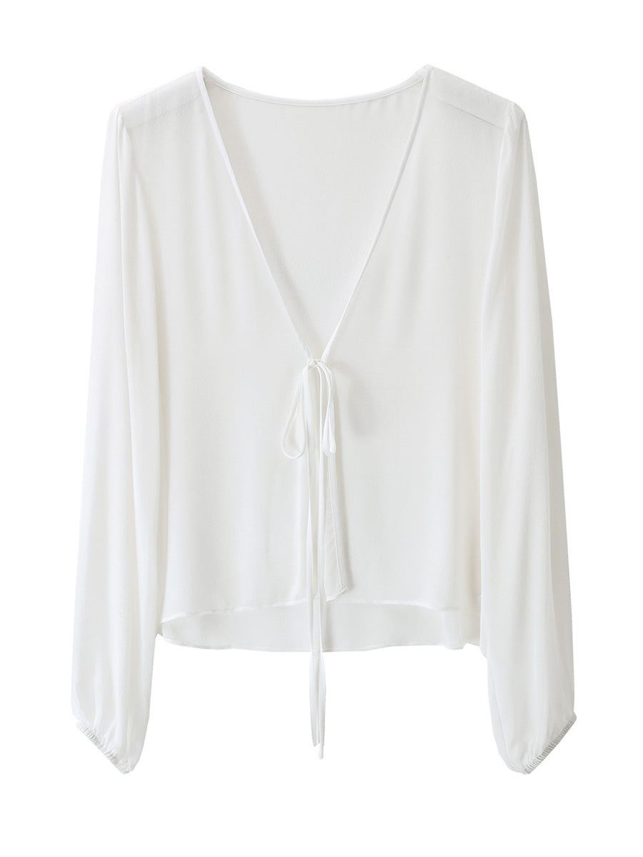 COMOBOCA 100% Mulberry Silk Women's Tie-Front Blouse