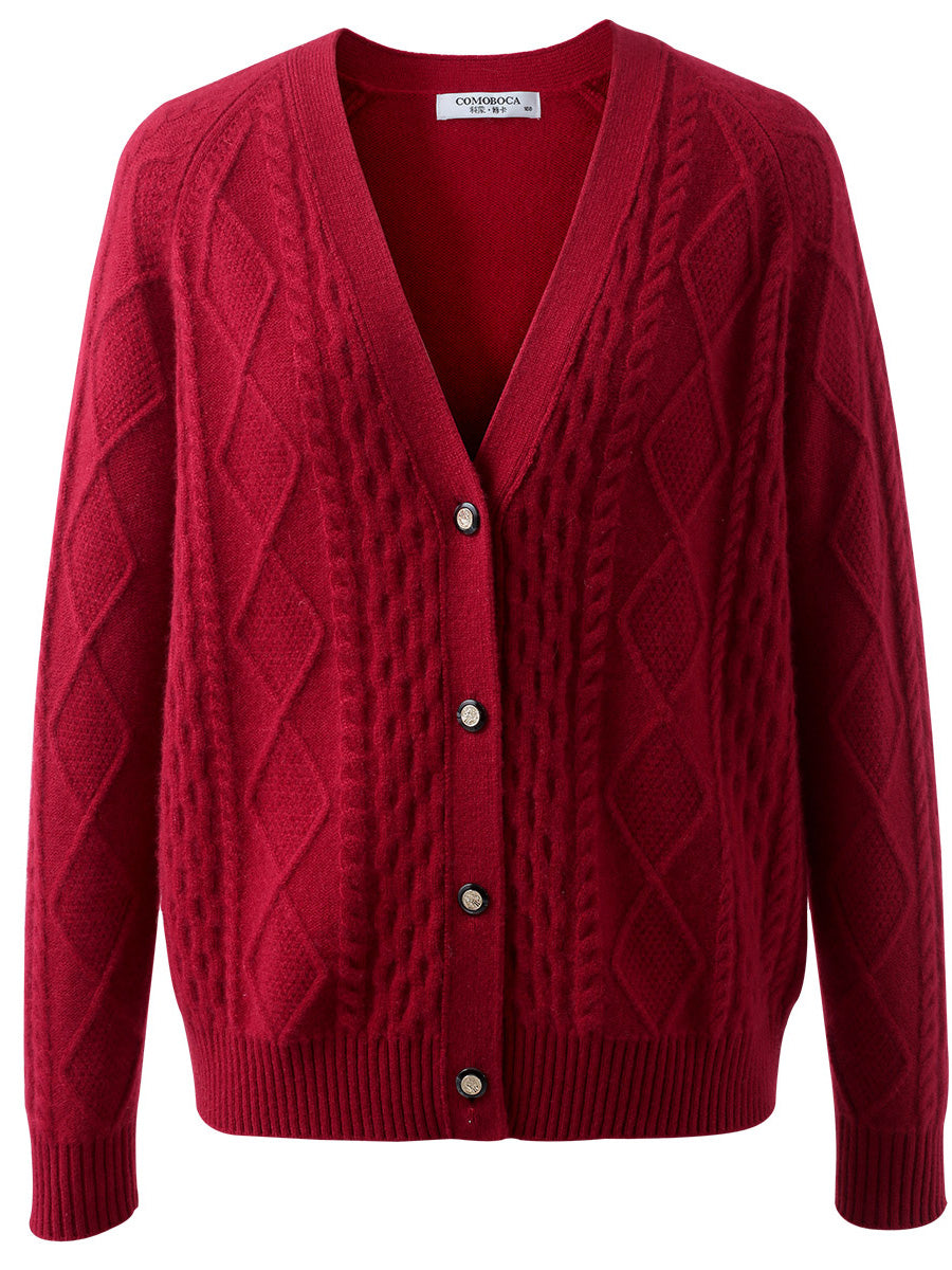COMOBOCA 100% Cashmere Women's V-Neck Cable Knit Cardigan