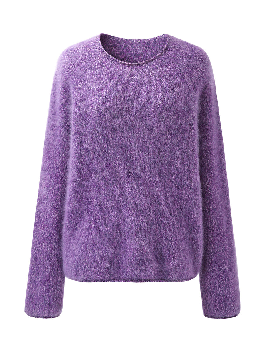 COMOBOCA 100% Wool Women's Fuzzy Round Neck Sweater