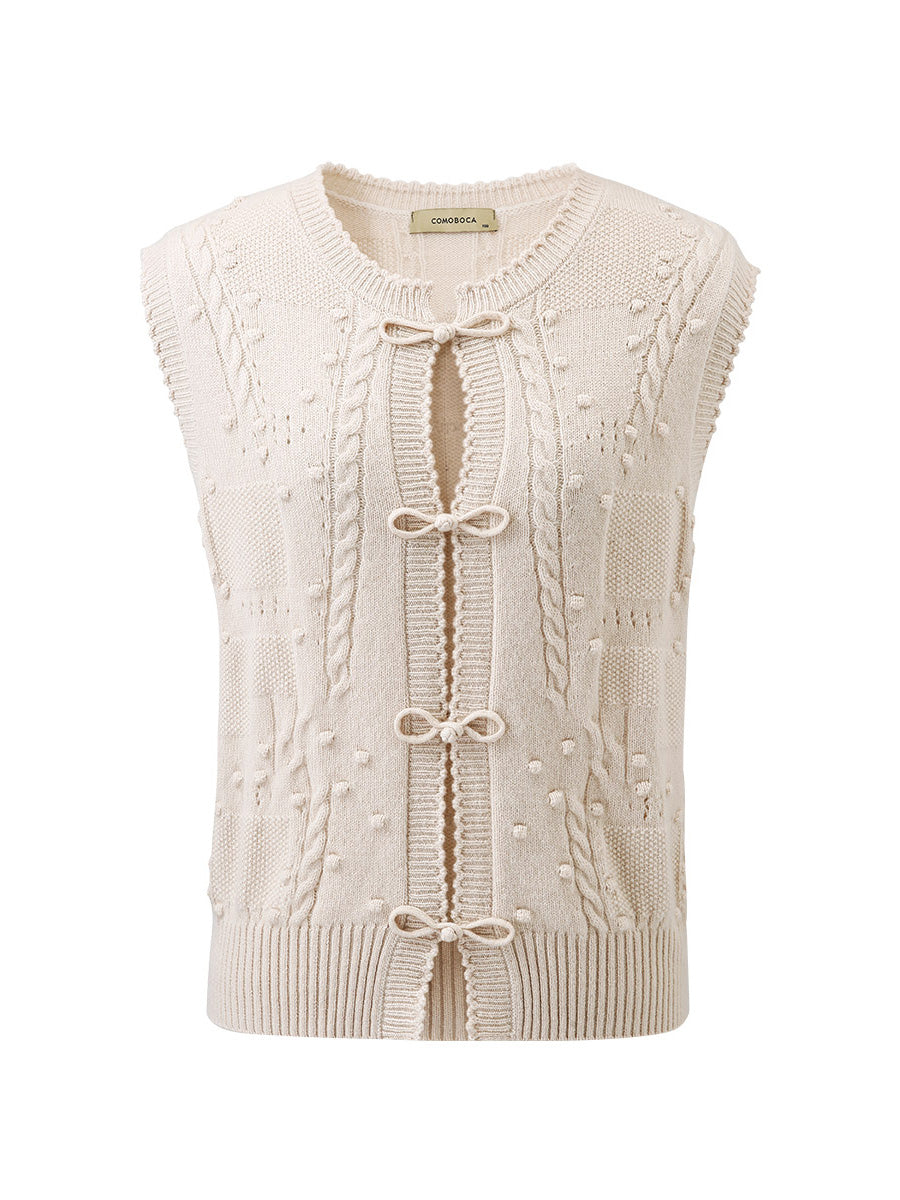 COMOBOCA 100% Cashmere Women's Bow Detailing Cable Knit Vest