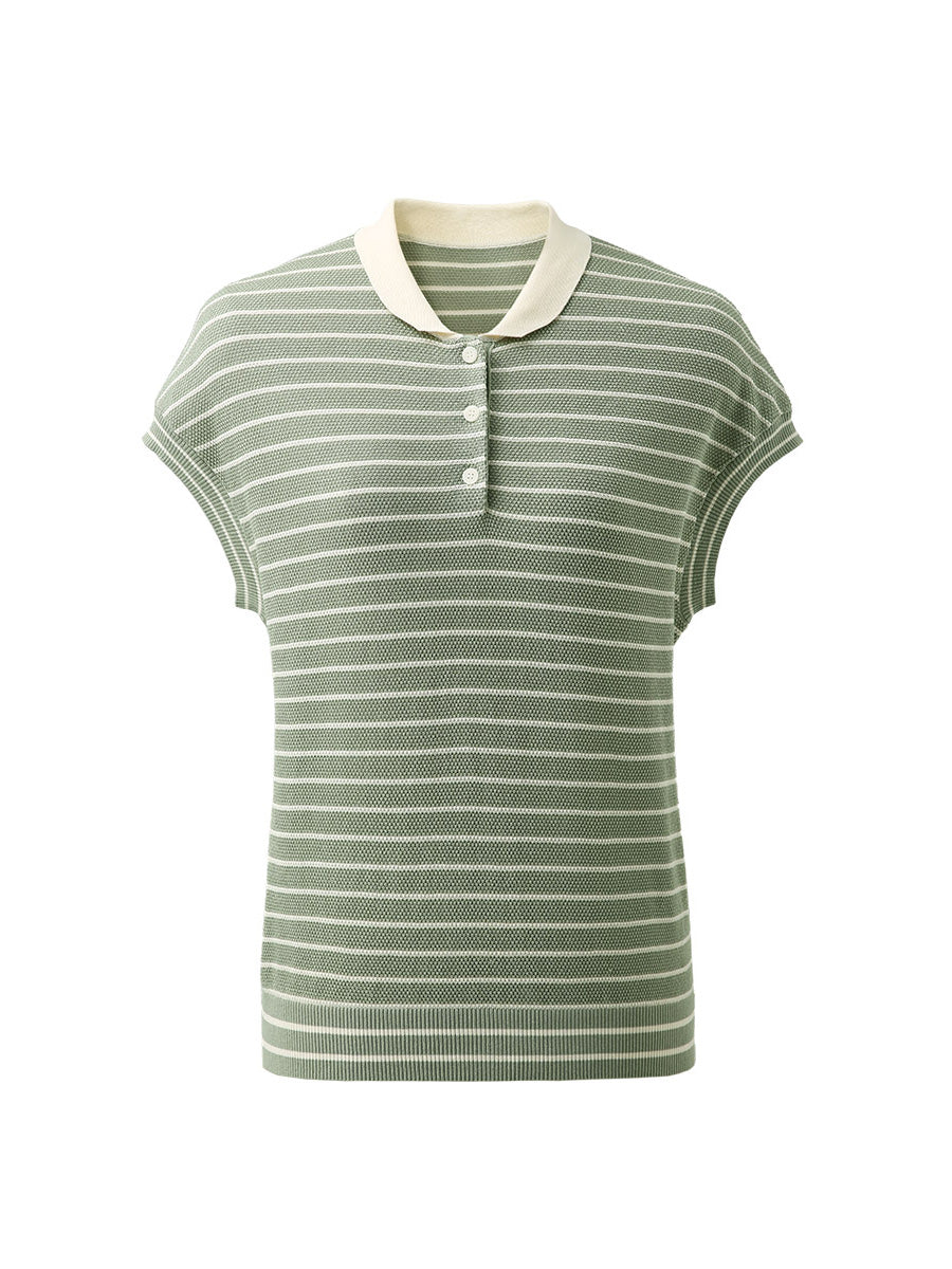 COMOBOCA Women's Cotton Silk Striped Knit Polo Shirt