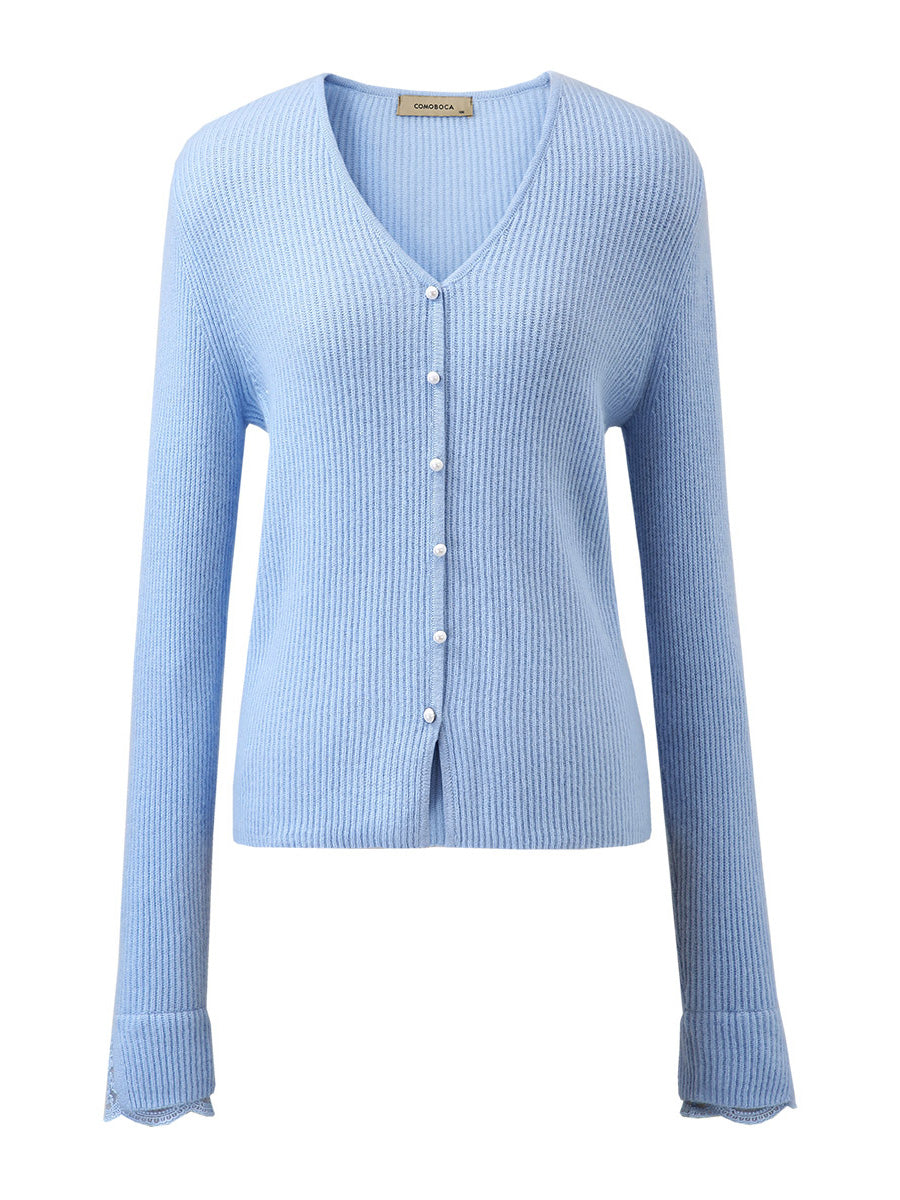 COMOBOCA 100% Cashmere Women's Faux Button Sweater with Lace Cuff