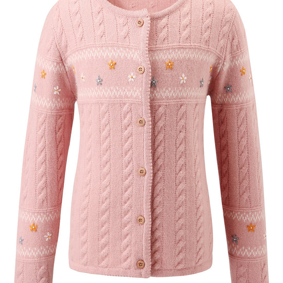 COMOBOCA Pink 100% Wool Kid's Floral Embroidered Cable Knit Cardigan