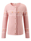 COMOBOCA Pink 100% Wool Kid's Floral Embroidered Cable Knit Cardigan