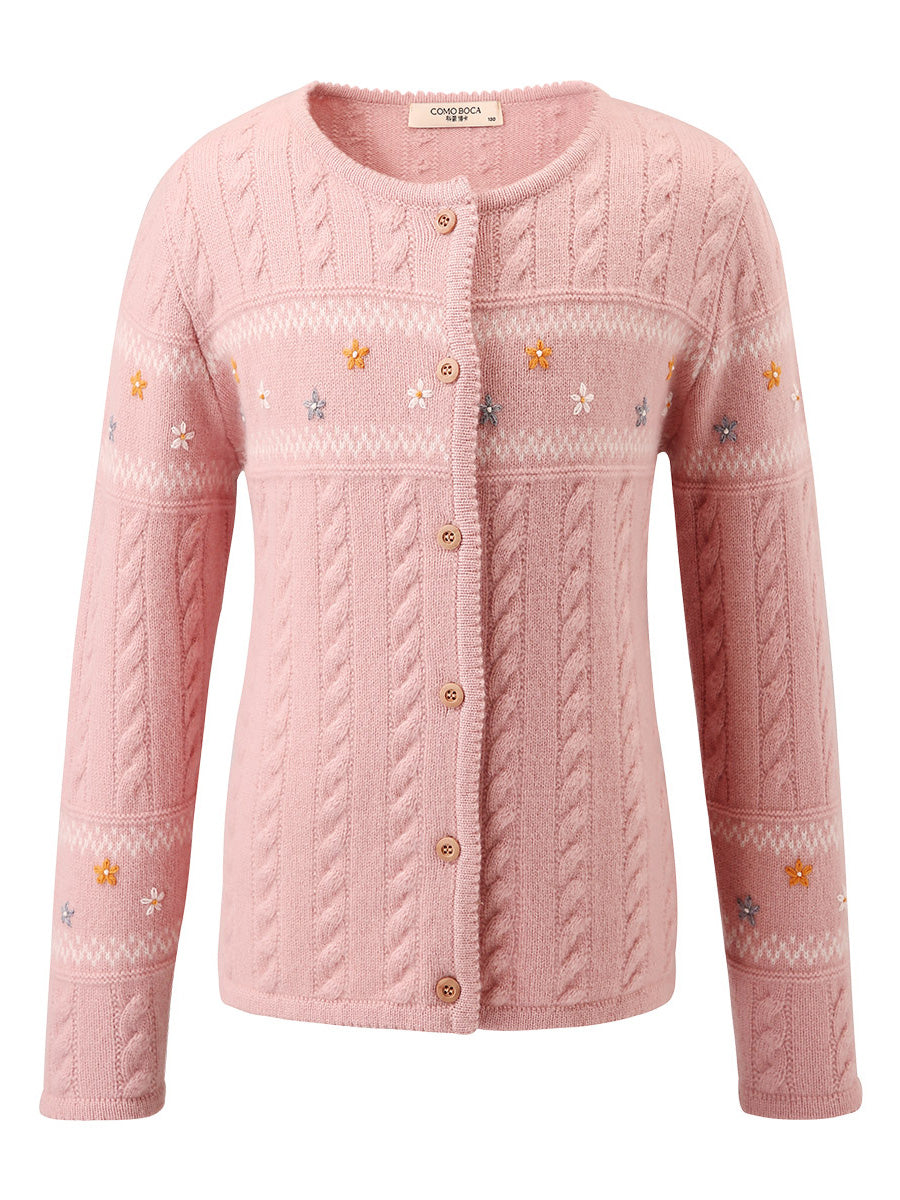 COMOBOCA Pink 100% Wool Kid's Floral Embroidered Cable Knit Cardigan