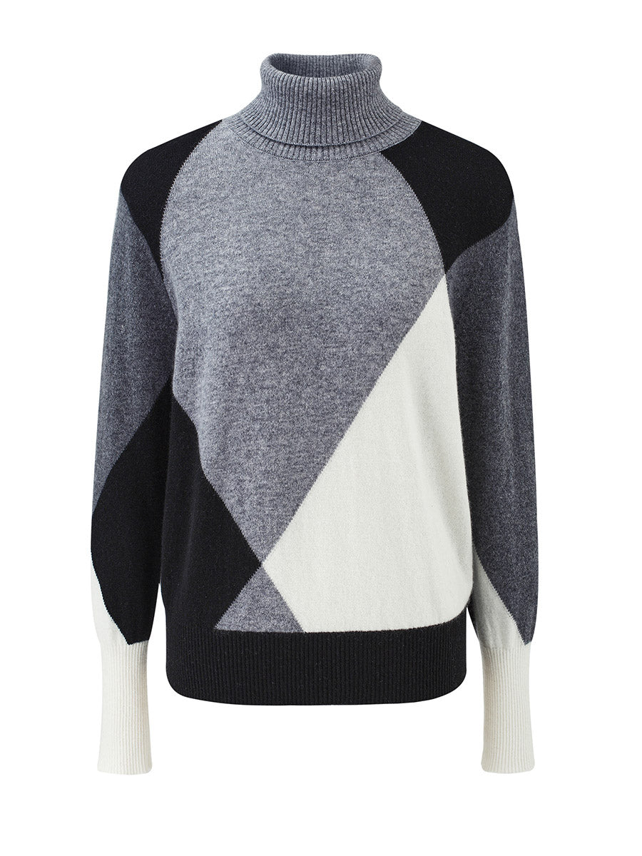 COMOBOCA 100% Cashmere Women's Color Block Turtleneck Sweater