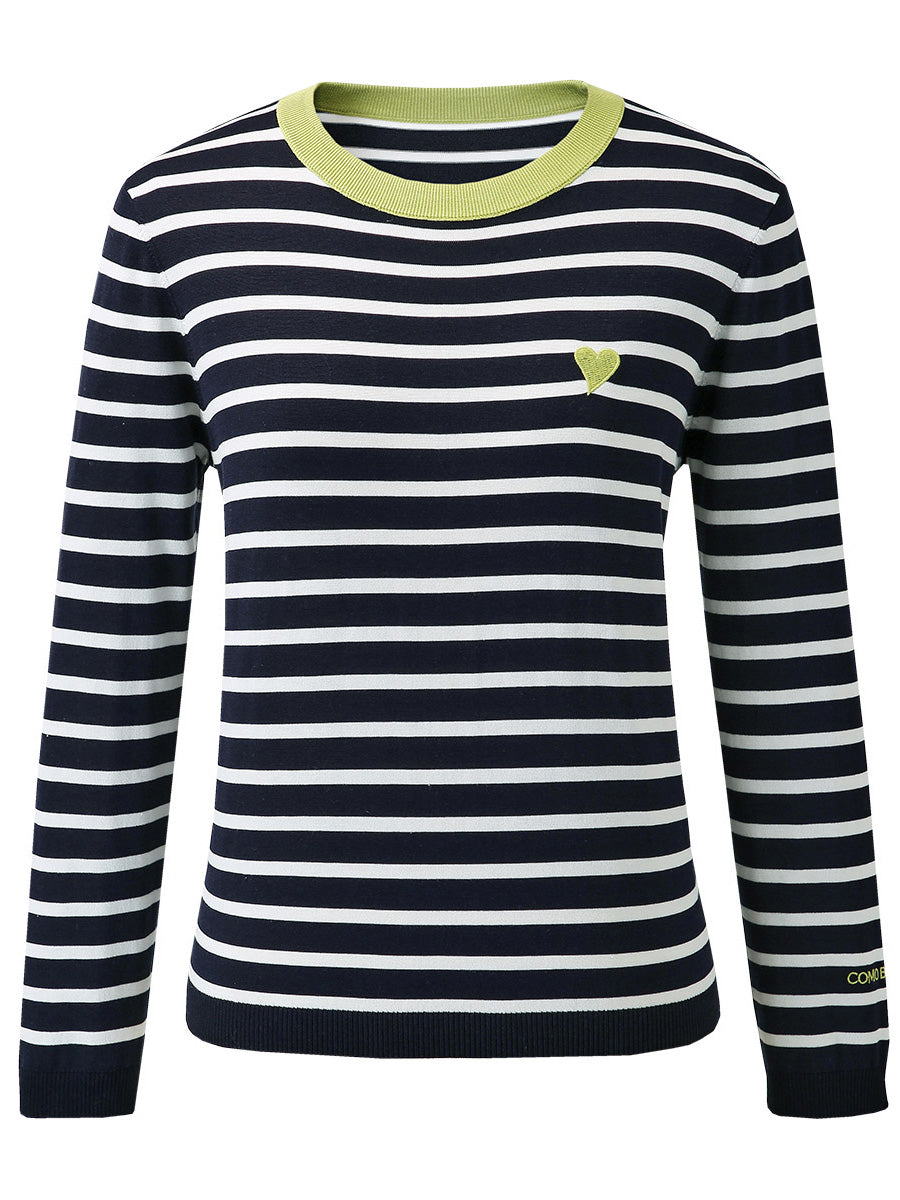 COMOBOCA Women's Striped Heart Embroidered Cotton Silk Sweater