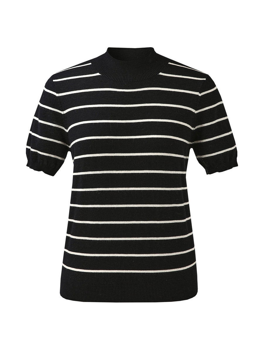 COMOBOCA 100% Wool Women's Mock Neck Striped Ribbed T-Shirt