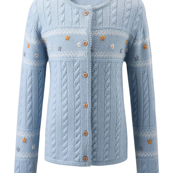 COMOBOCA Light Blue 100% Wool Kid's Floral Embroidered Cable Knit Cardigan
