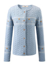 COMOBOCA Light Blue 100% Wool Kid's Floral Embroidered Cable Knit Cardigan