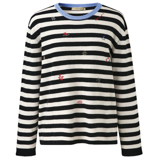 COMOBOCA 100% Wool Women's Striped Embroidered Sweater