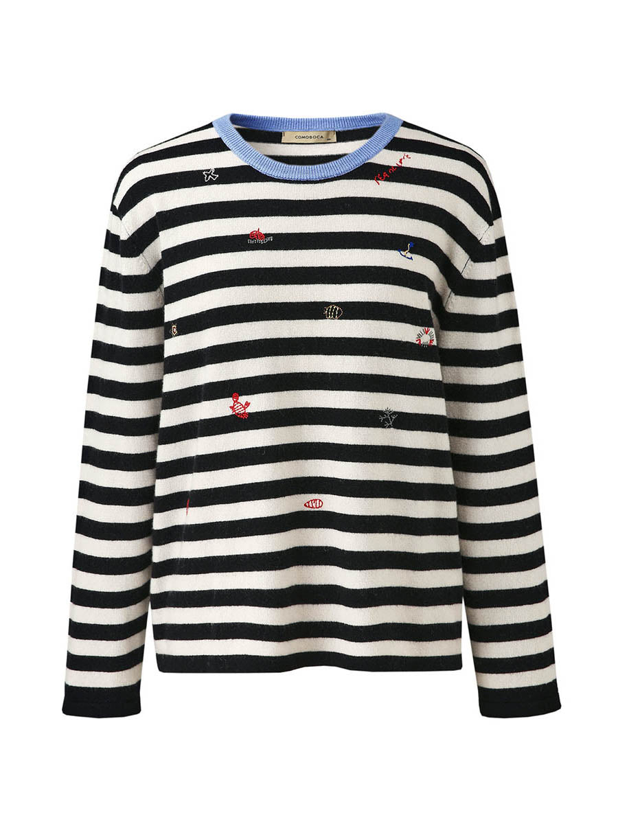 COMOBOCA 100% Wool Women's Striped Embroidered Sweater