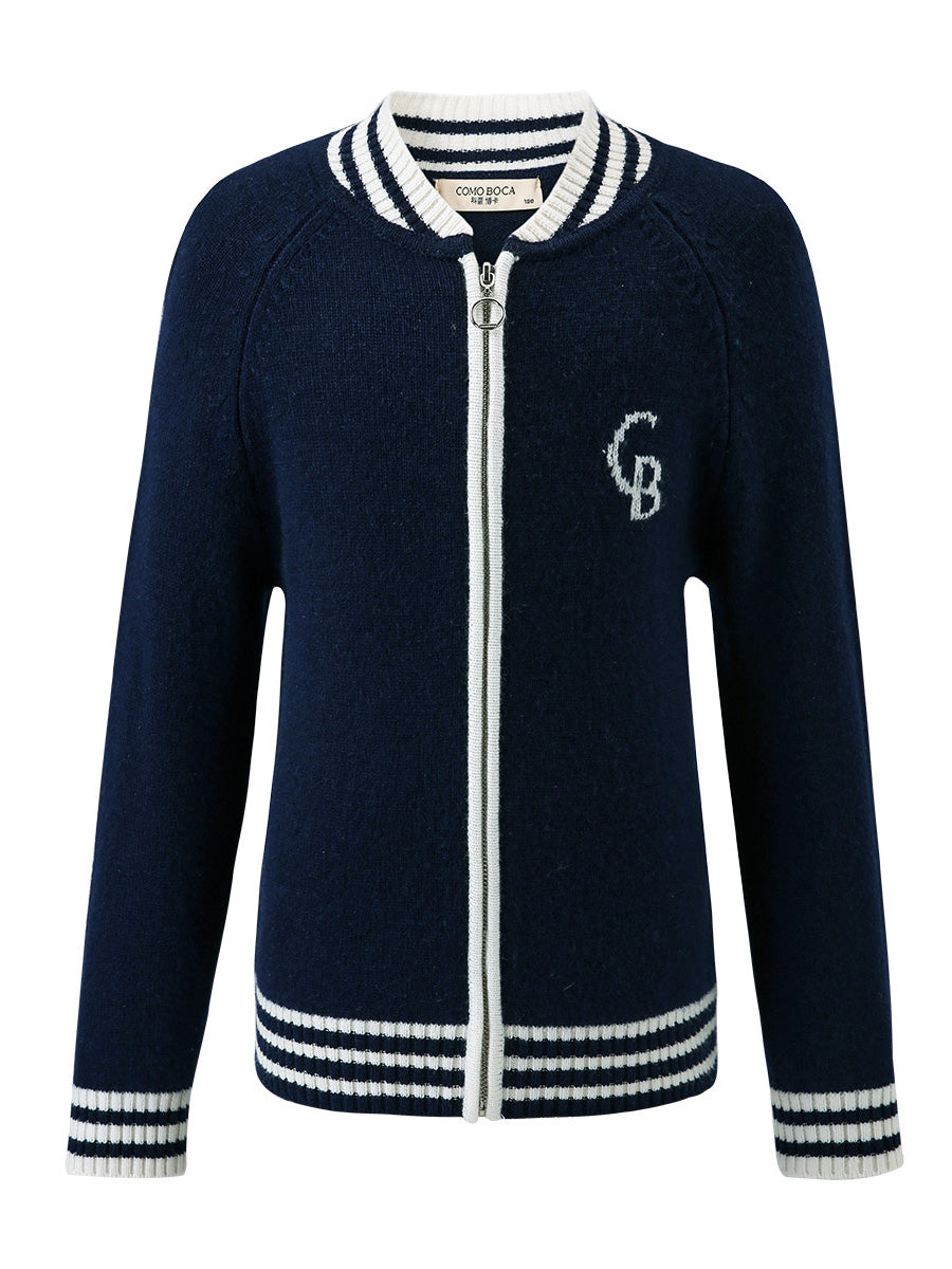 COMOBOCA Navy Blue 100% Wool Kid's Cable Knit Zip Up Coat