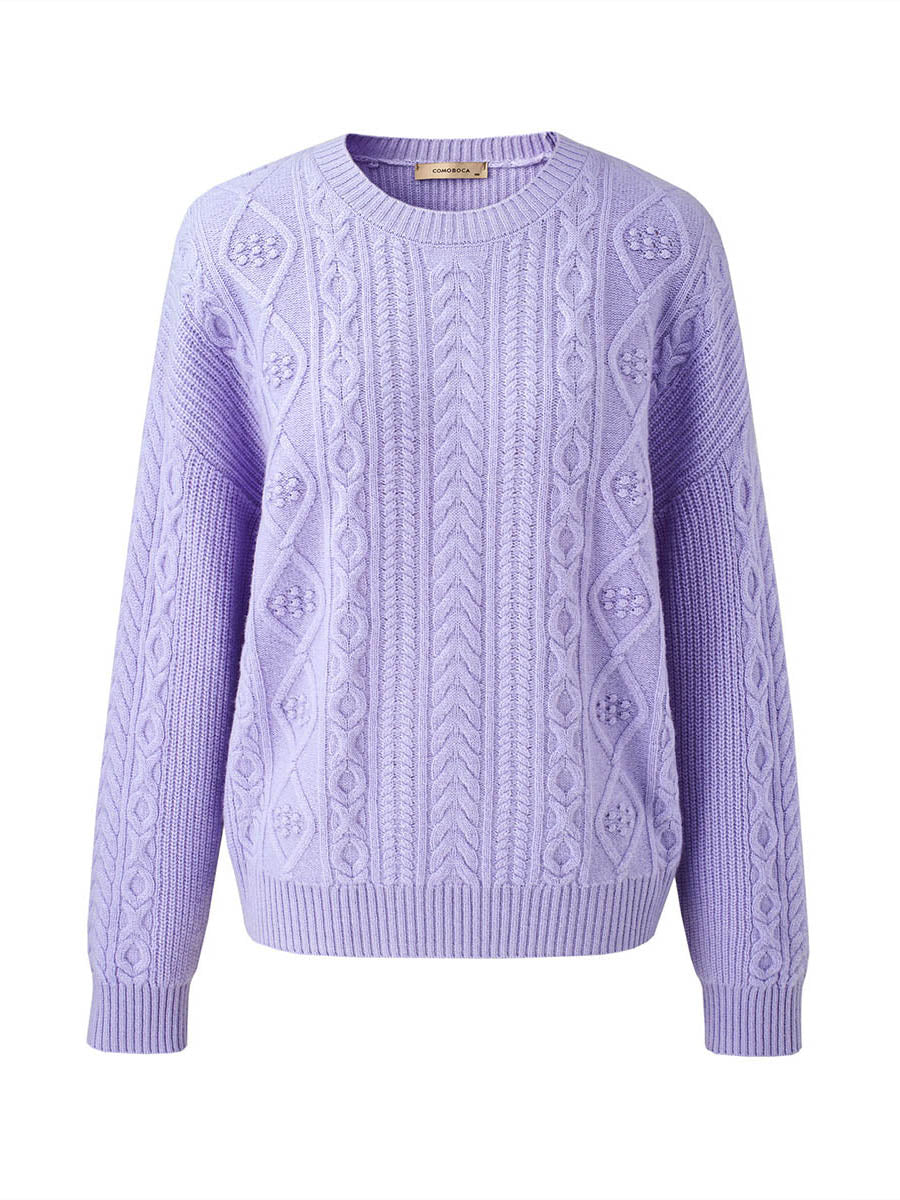 COMOBOCA 100% Wool Women's Cable Round Neck Knit Sweater
