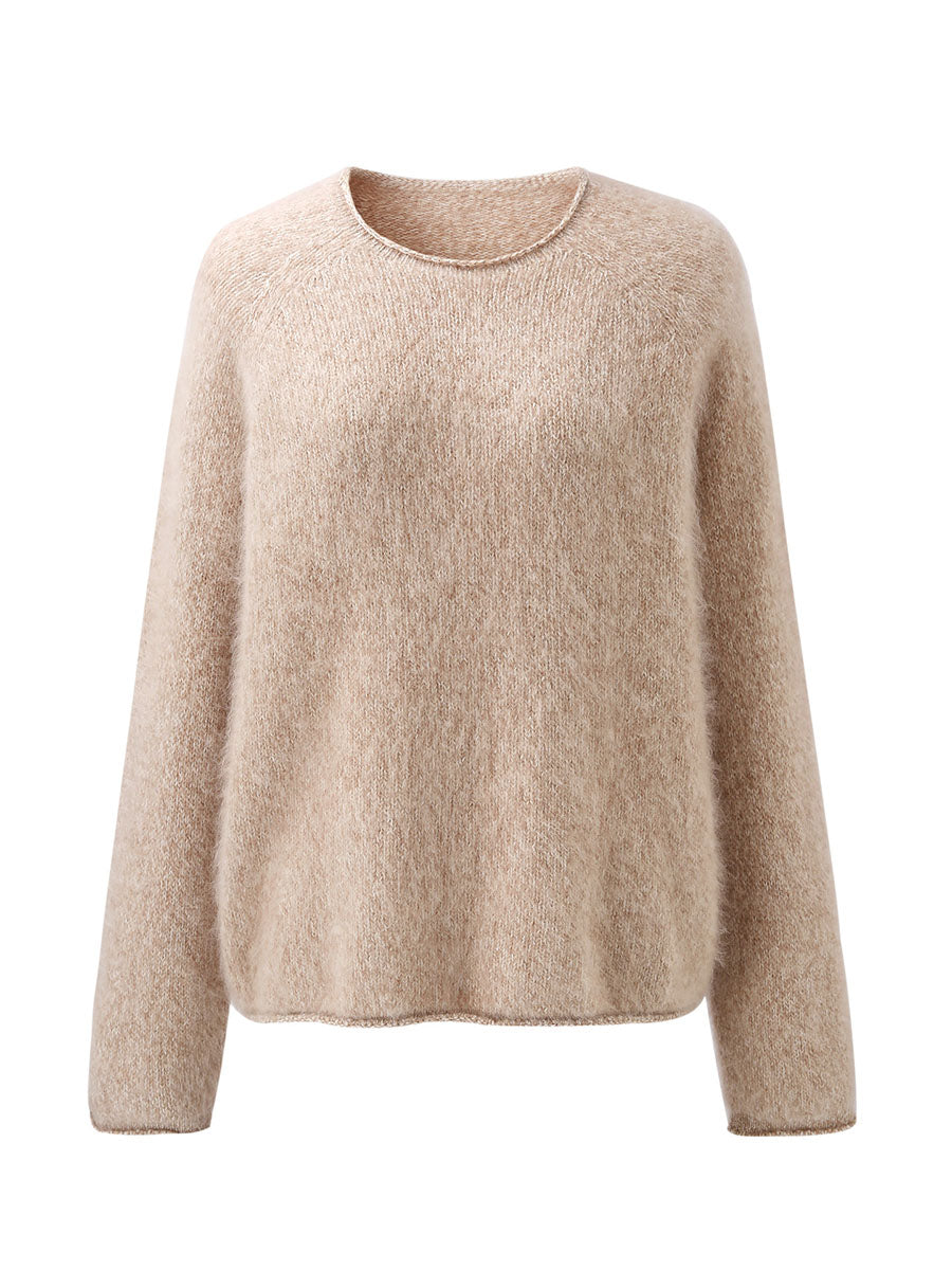 COMOBOCA 100% Wool Women's Fuzzy Round Neck Sweater