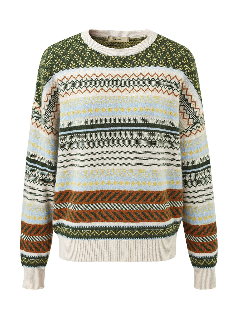 COMOBOCA 100% Cashmere Women's Fair Isle Round Neck Sweater