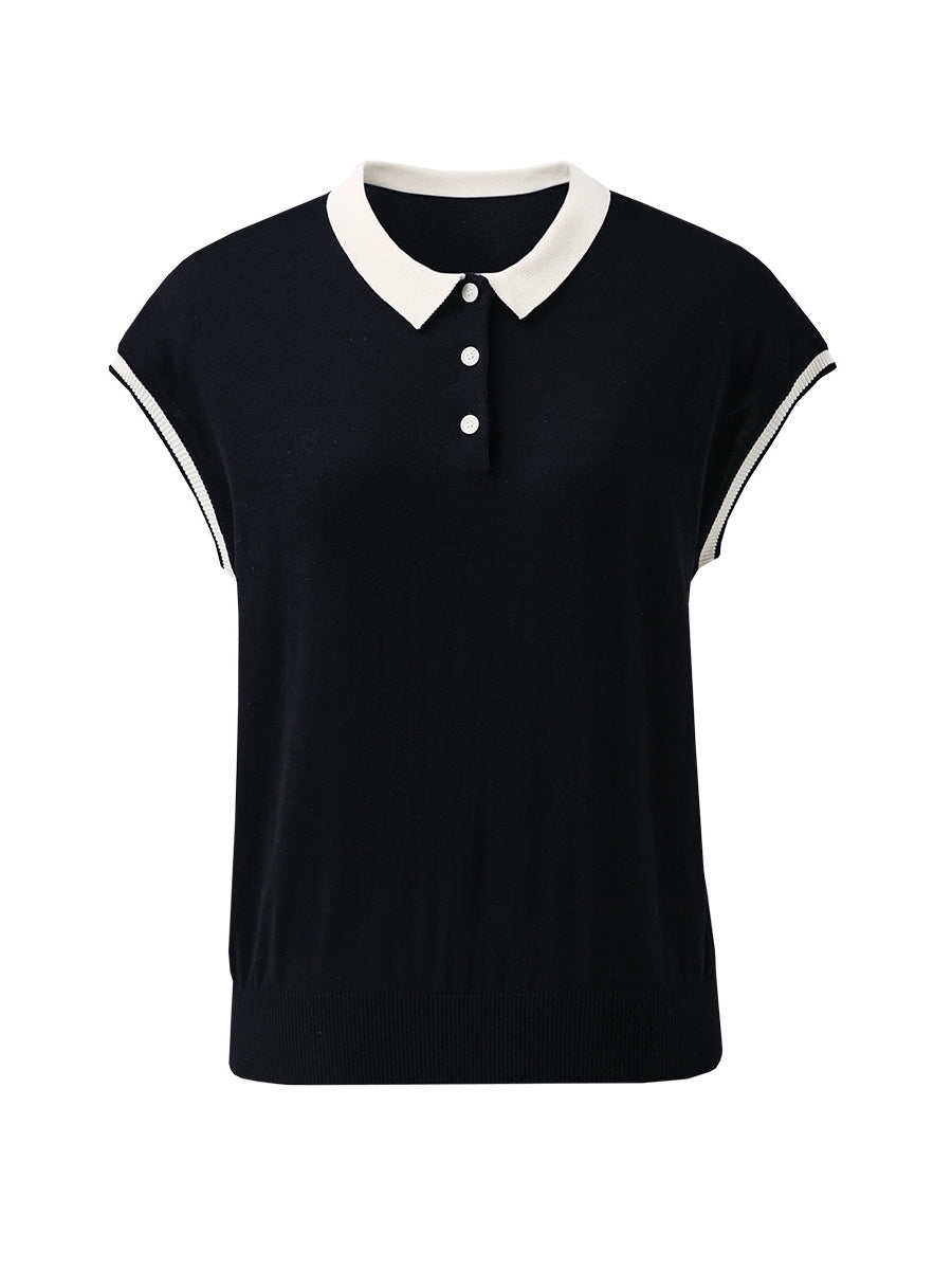 COMOBOCA Women's Cotton Silk Ribbed Polo Neck Knit T-Shirt
