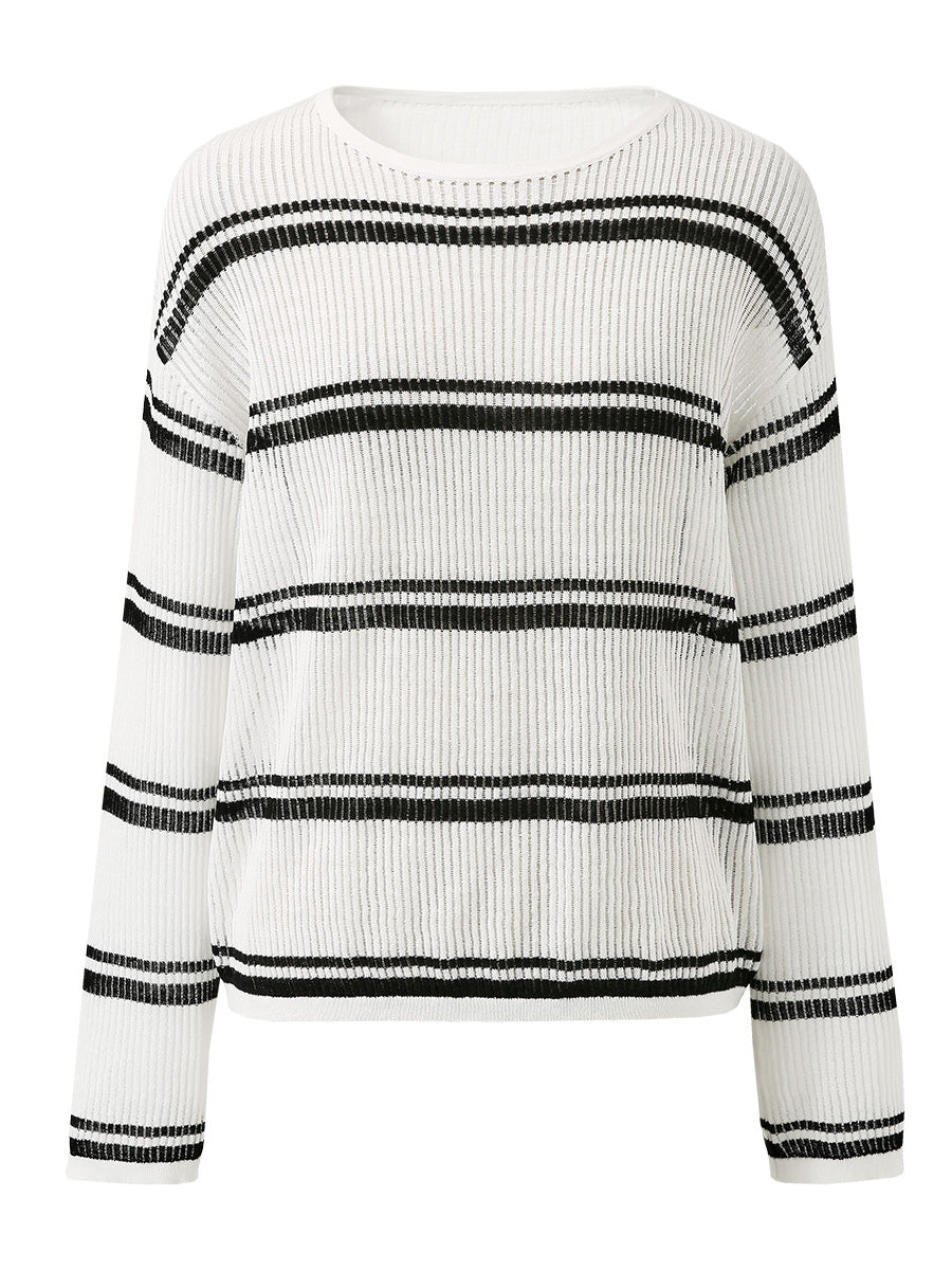 COMOBOCA Women's Striped Ribbed Round Neck Sweater
